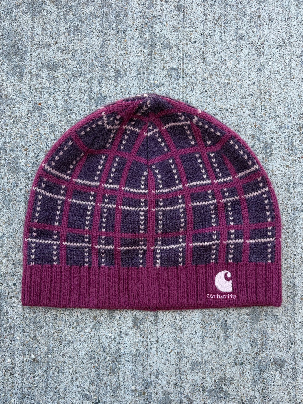 Carhartt womens maroon pink plaid beanie hat cap sweater knit